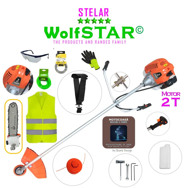 SET Motocoasa WolfSTAR motor 2 timpi ALP, 6CP, 52cc, 11.000RPM + sistem taiere, EXTRA Accesorii+Cap Tip Drujba