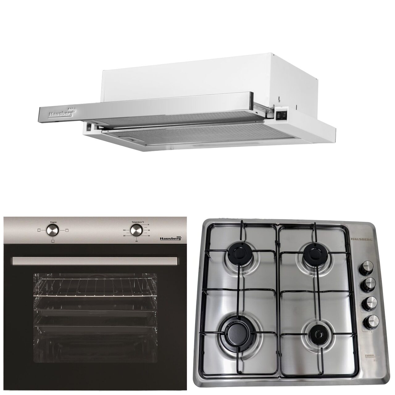 Pachet Cuptor incorporabil Hausberg HB-8051IN, Electric, Putere 2000 W, 76 l, Plita HB-580IN, aprindere electrica, gaz, 4 arzatoare,, Hota telescopica