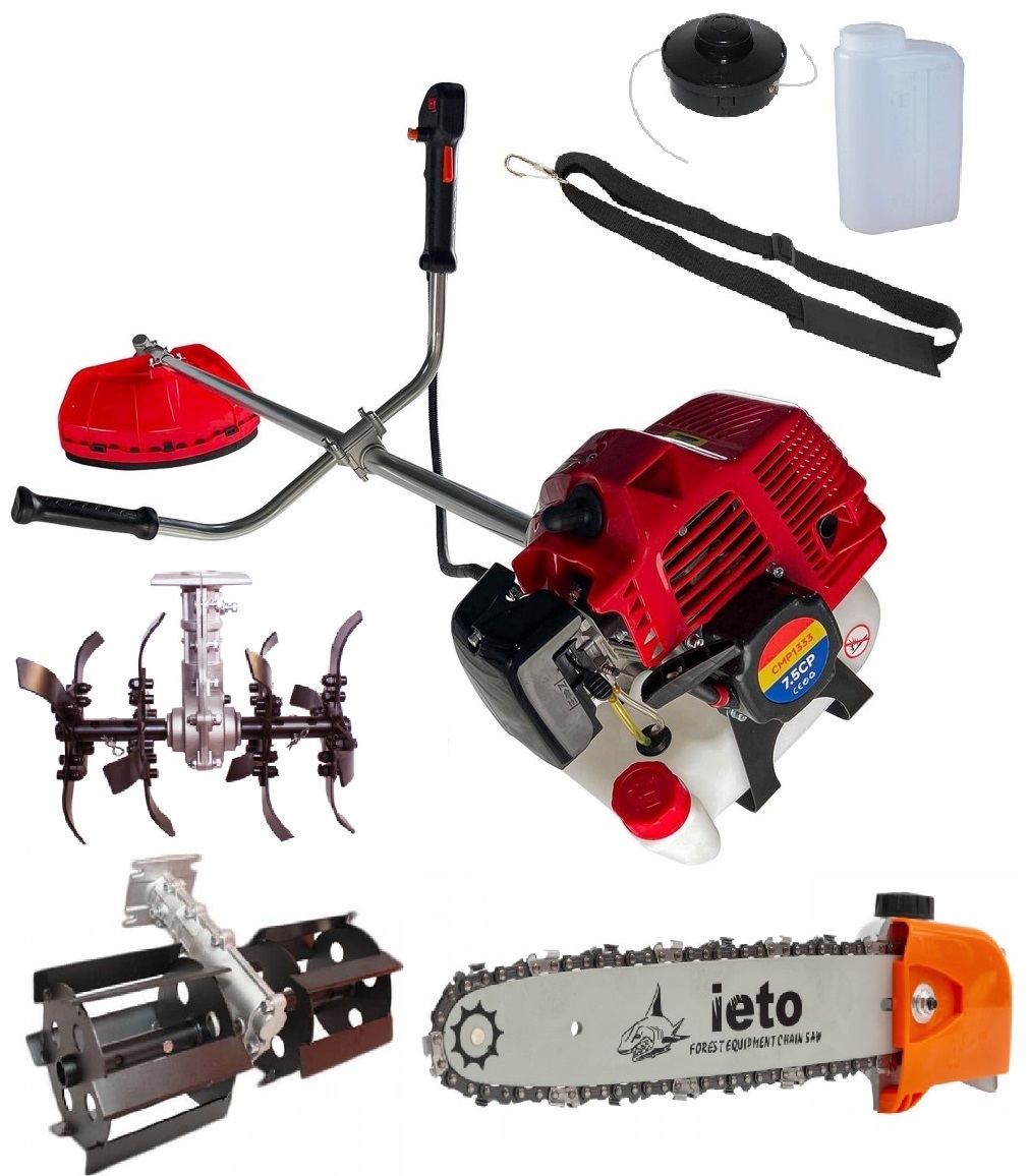 Motocoasa pe benzina TOMS 7.5 CP 12.000 rpm + Cultivator, Prasitoare si Cap drujba