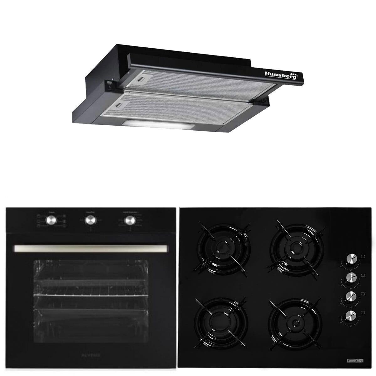 Pachet incorporabil Hausberg HB-8053NG, Electric, 2225 W, 71 l, 6 Functii, Ventilatie, Timer, Clasa A, Plita Incorporabila HB563NG, 4 arzatoare, Gaz,