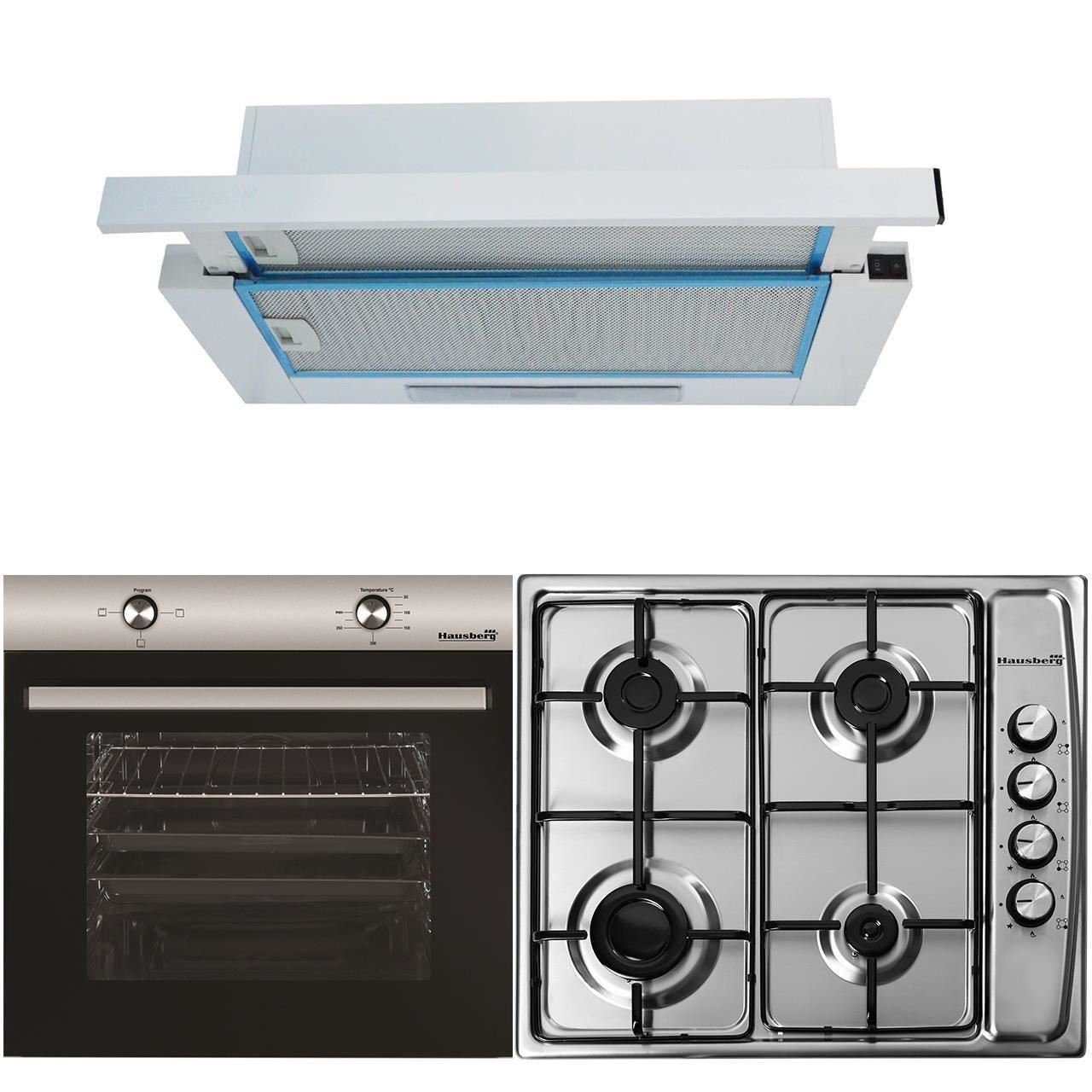 Pachet incorporabil Cuptor electric Hausberg HB-8051IN, Clasa A, 76L, 2000W, Negru/Inox Plita Incorporabila HB-555, 4 arzatoare, Gaz, Inox Hota