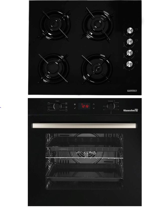 Pachet Incorporabil Cuptor electric Hausberg HB-8054NG, Clasa A, 71L, 2225W, Negru, Plita Incorporabila HB-563NG, 4 arzatoare, Gaz, Sticla, Negru