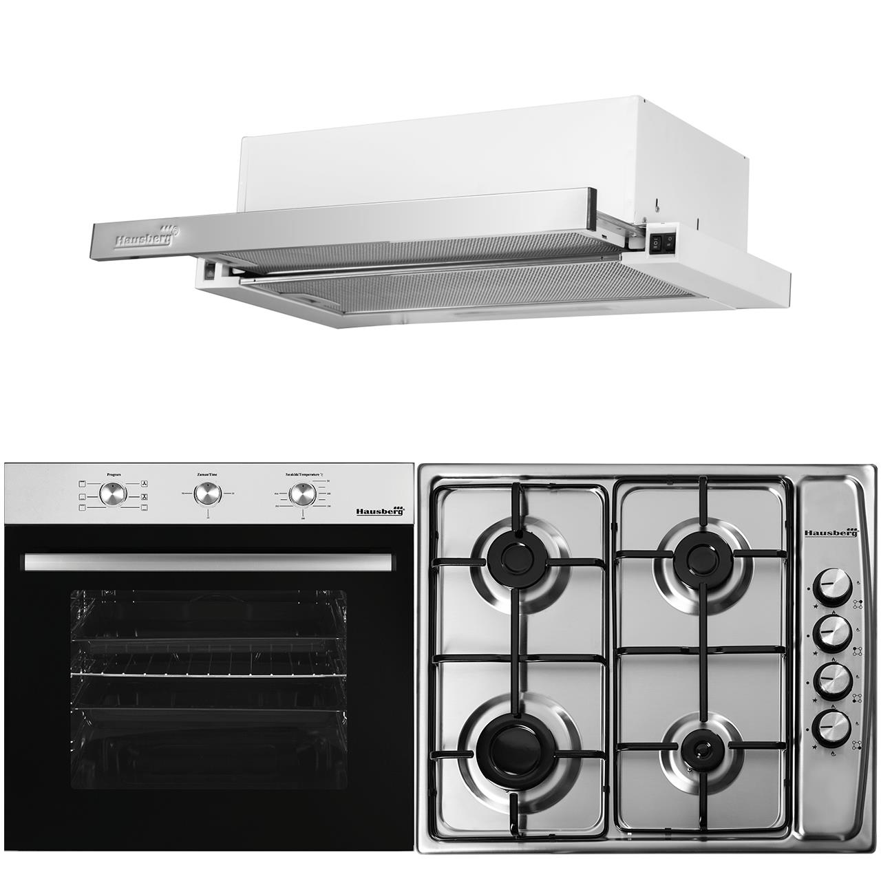Pachet Cuptor electric Incorporabil Hausberg, Plita Incorporabila, Hota incorporabila telescopica, Alb
