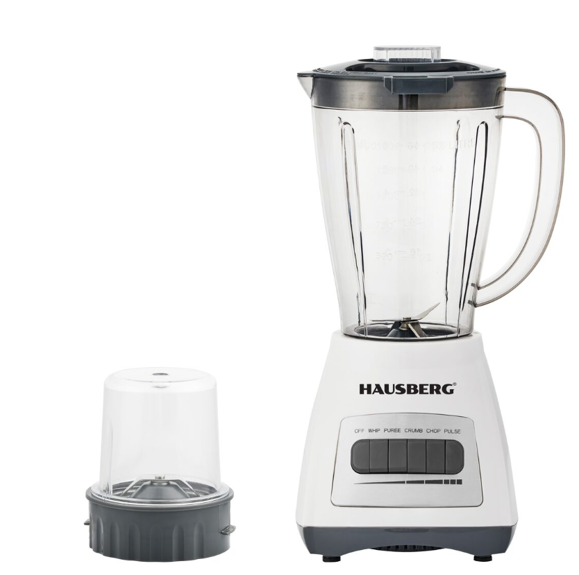 Hausberg Blender cu rasnita HAUSBERG HB-7770AB, 500 W, 4 trepte de viteza, vas din plastic gradat de 1.5 litri, functie Pulse, lame din otel inoxidabil, sistem