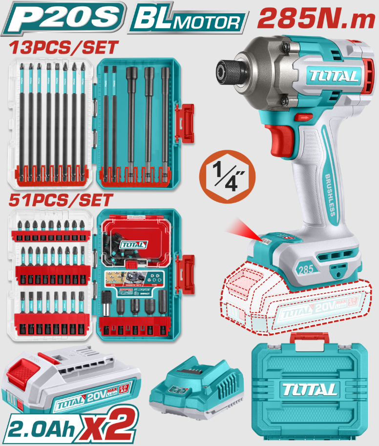 TOTAL - MASINA DE INSURUBAT CU IMPACT CU ACUMULATOR - 20V - 2.0AH - LI-ION (2 ACUMULATORI) - 6.35MM