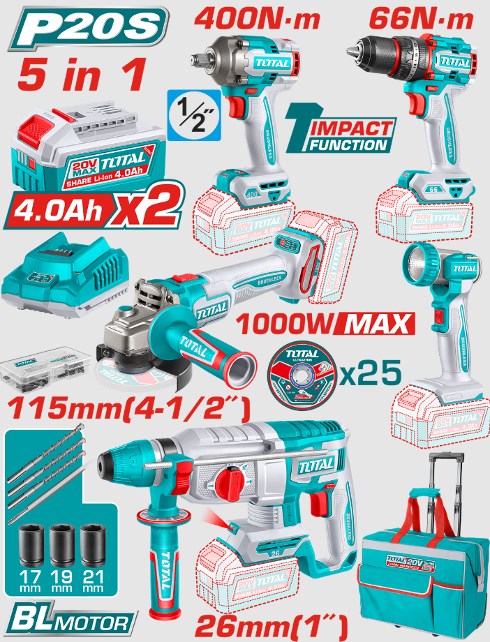 TOTAL - SET 5 UNELTE - 20V - CU 2 ACUMULATORI 4.0Ah SI INCARCATOR (INDUSTRIAL)