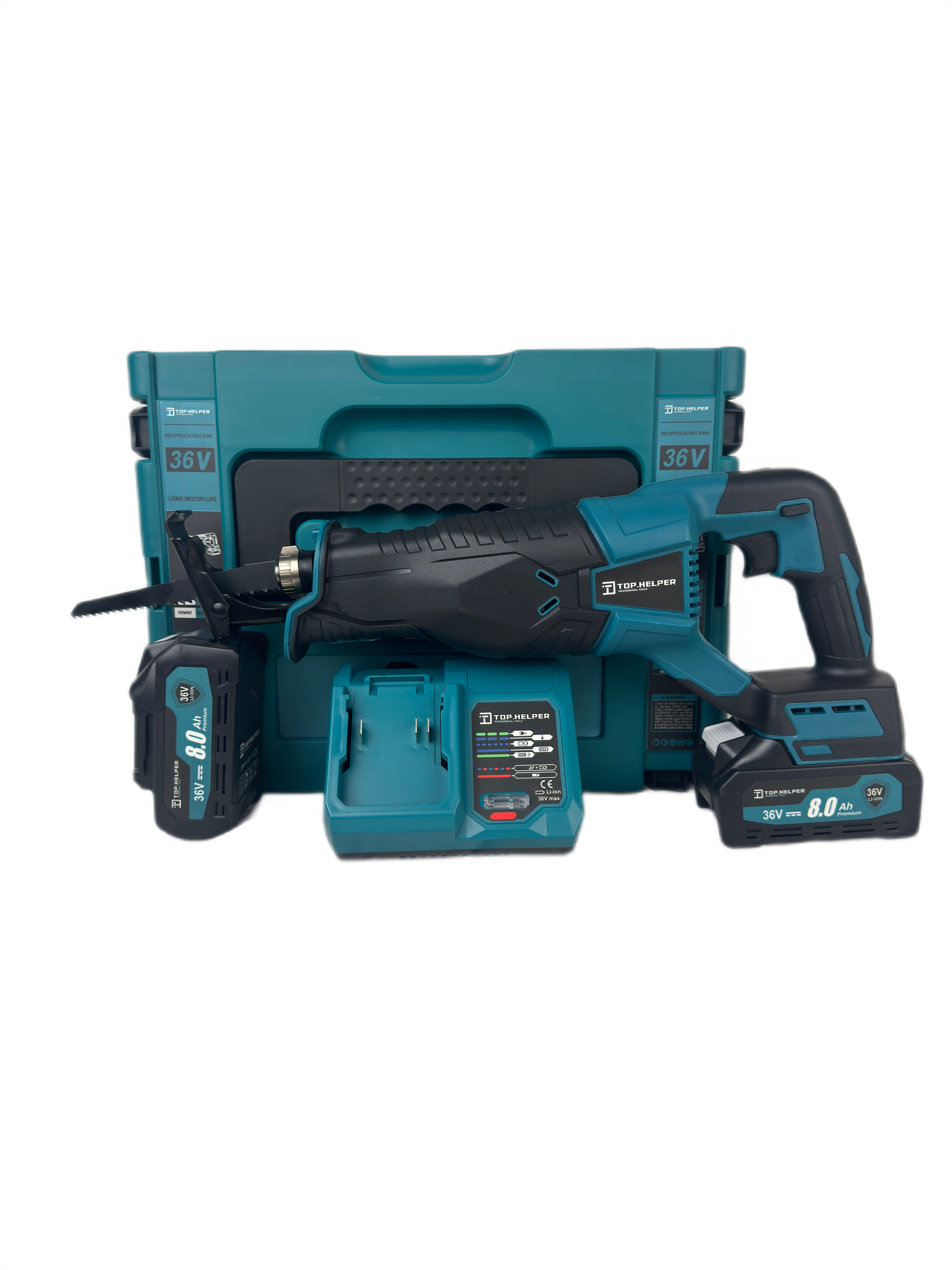 Fierastrau sabie Top Helper, cu 2 acumulatori, 36v 8Ah, 3 panze, albastru
