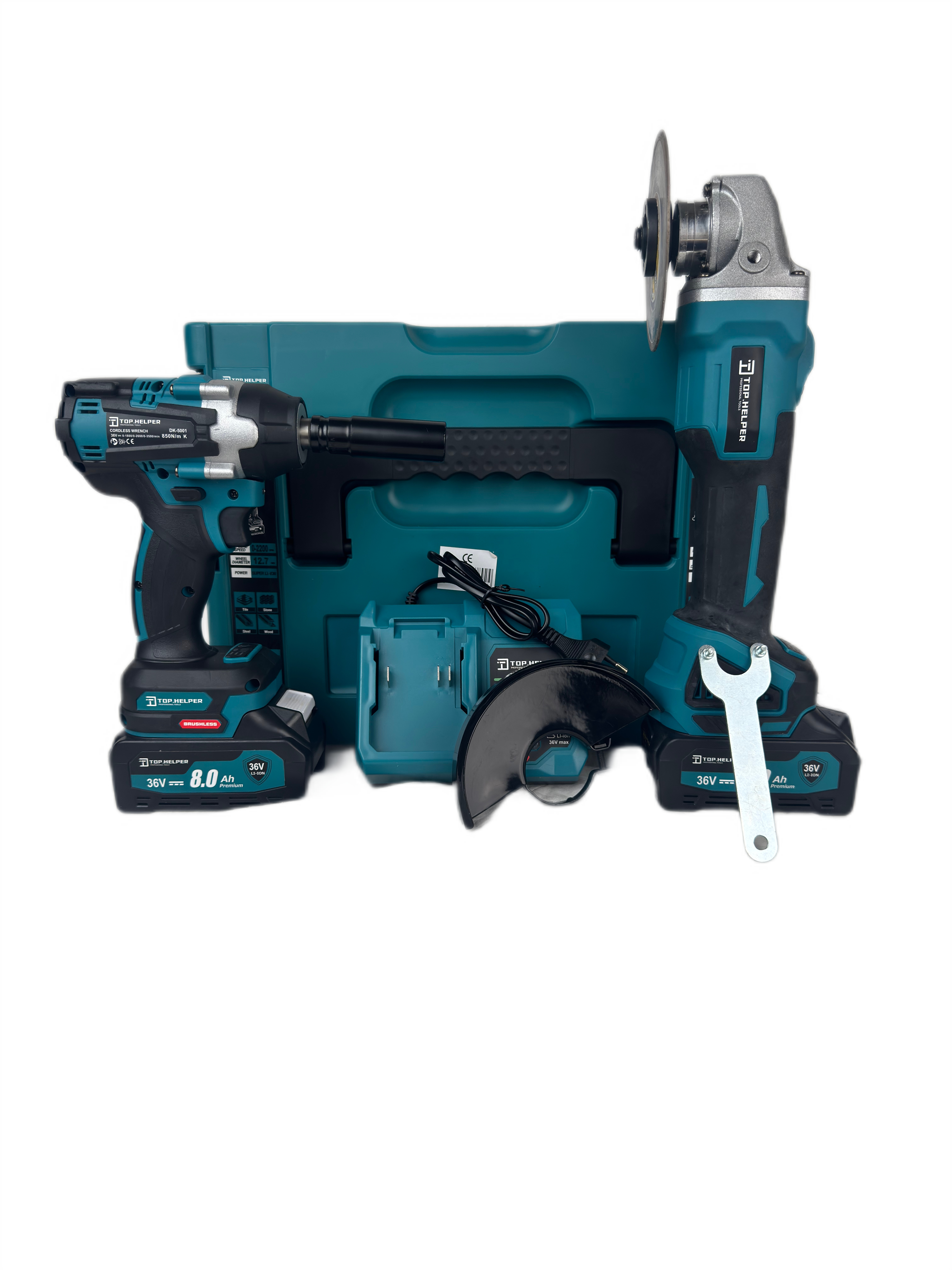 Trusa Top Helper Masina cu Impact + Polizor Unghiular 36V, 8Ah, cu 2 Acumulatori