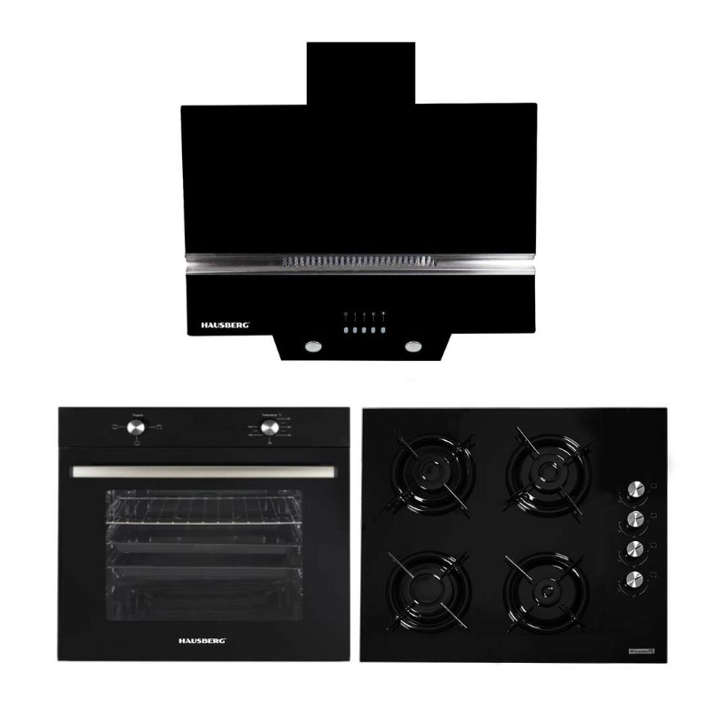 Pachet Incorporabil Cuptor electric Hausberg HB-8051NG, Clasa A, 76L, 2000W, Negru,Plita incorporabila Hausberg HB-563, Gaz, 4 arzatoare, Negru, Hota