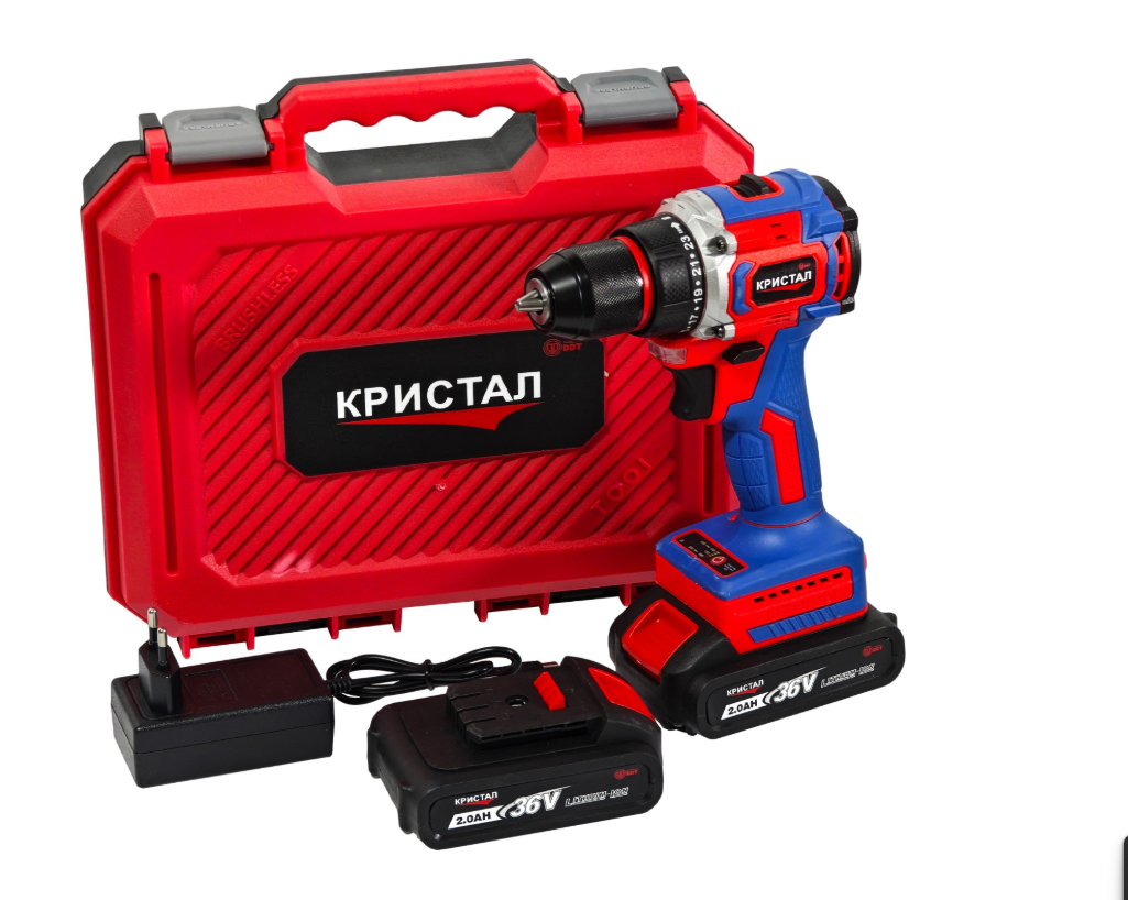 Bormașină cu acumulator DDT-KRISTAL 36V, 2 acumulatori Li-Ion 2.0Ah, motor fara perii (brushless), 2 viteze, cuplu reglabil, sistem autoblocaj, valiză