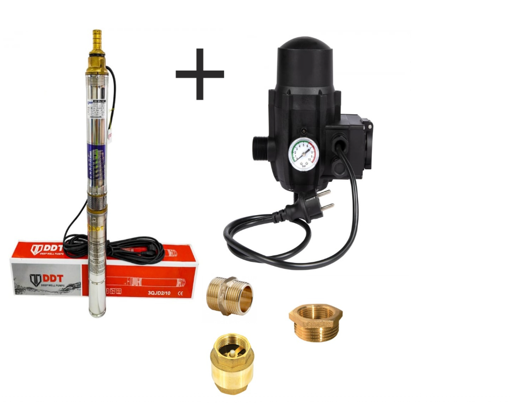 Pompa submersibila, DDT, 3QJD-1.1, 1.1 kW, Inox, 75 mm diametru, 10 turbine + Presostat electronic automat, DDT, LS-4 + accesorii