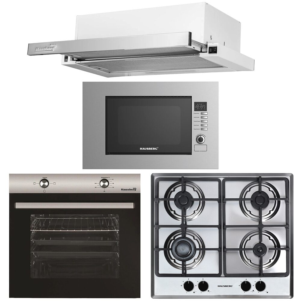Pachet incorporabil HAUSBERG cuptor electric HB-8051IN, 2000W, 4 Functii, 76L, plita gaz HB-555, 4 arzatoare, aprindere electrica, hota telescopic HB-