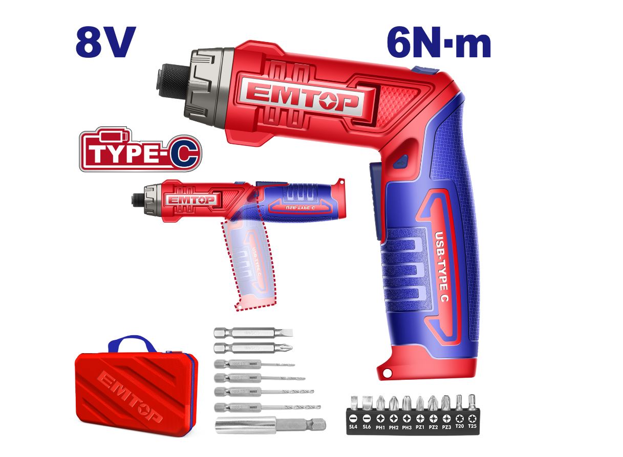 Surubelnita cu incarcare prin cablu USB, 8V, 6Nm, maner reglabil, 17 accesorii, geanta inclusa