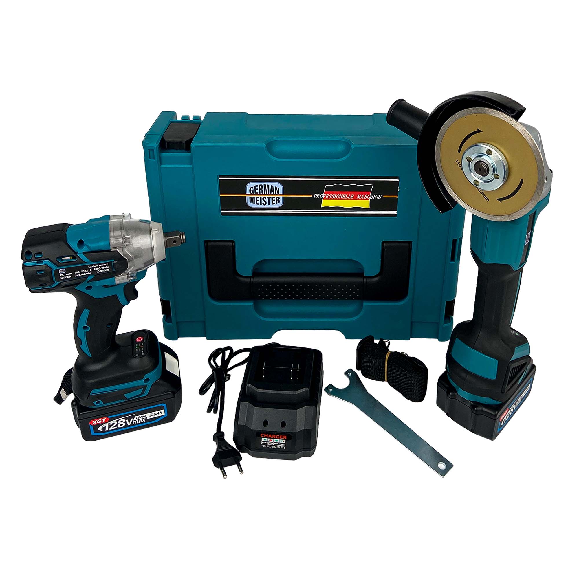 Trusa German Meister Masina cu Impact + Polizor Unghiular 128V, 6Ah, cu 2 Acumulatori